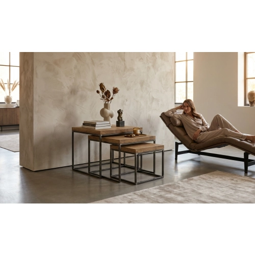 KOMPLET STOLIKÓW KAWOWY 3 w 1 DREWNO DĄB LITE I STAL STK-149